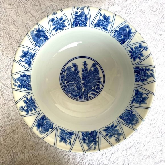 SADEK Kozan Gama Japan Centerpiece Bowl - Blue Flowers & Birds, Blue Trim - Picture 4 of 7